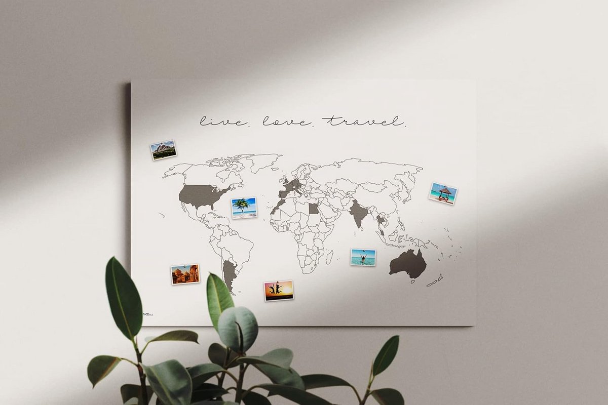 Wereldkaart Prikbord - Reiskaart Decoratie - Reisherinneringen Tonen - Handgemaakt in Duitsland - 60 x 40 cm - Meerkleurig