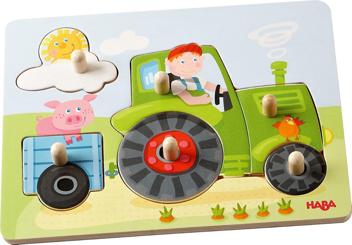Houten Puzzel Boerderij - Steekpuzzel Kind - Leren Spelen - Grote Grip Knoppen - 6 Delen - Boerderij