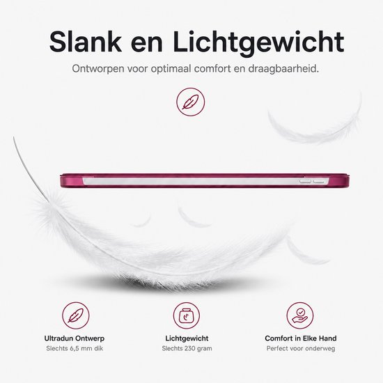Étui iPad rouge vif de côté, montré avec des plumes. Conception fine et légère.