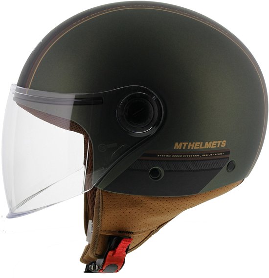 Donkergroene helm met bruine accenten, dubbele strepen en een doorzichtig vizier.