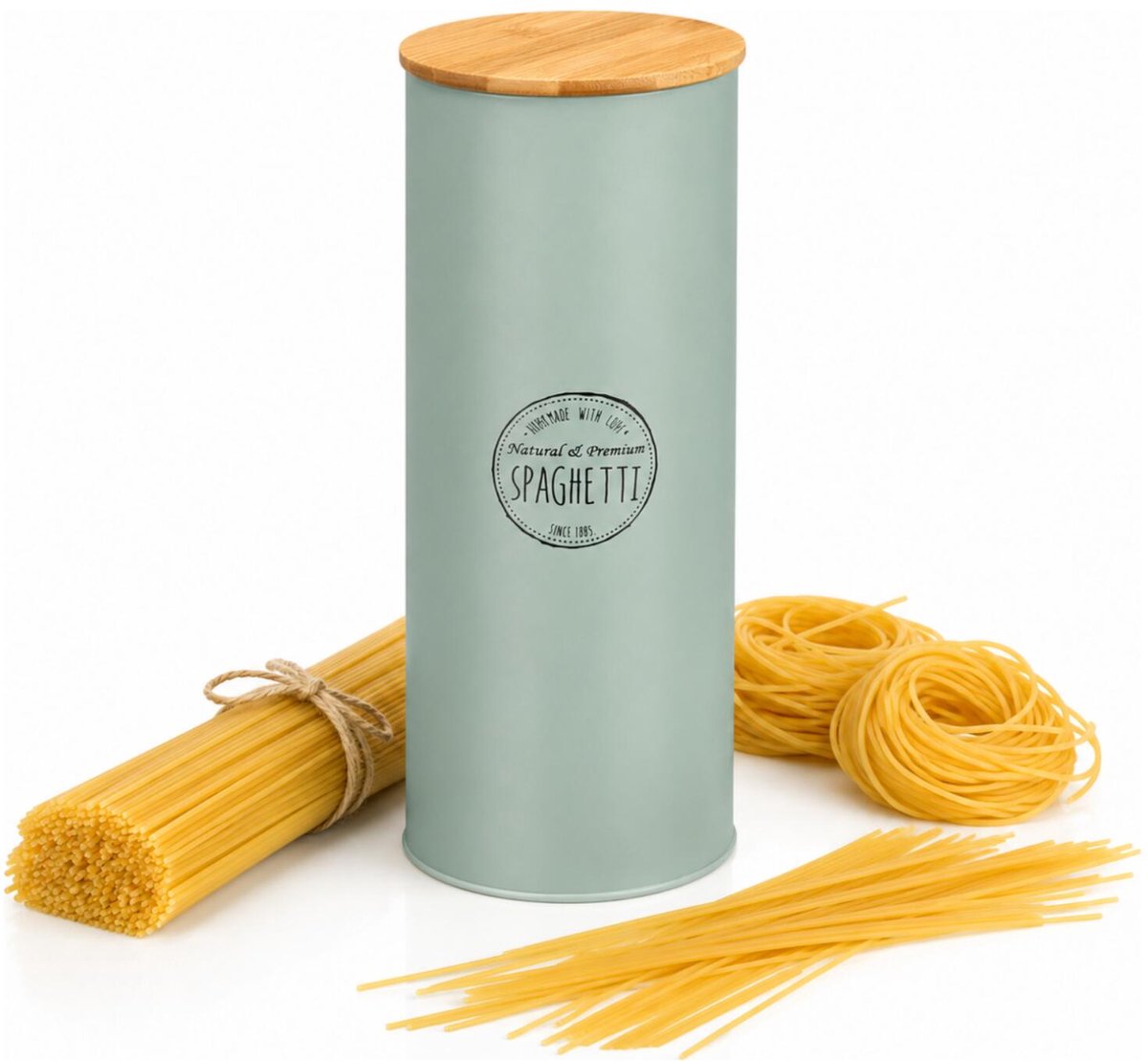 Kinvara Voorraadpot Essentials - keuken - spaghetti pasta - groen - 12 x 28 cm - metalen blik - bamboe deksel - luchtdicht
