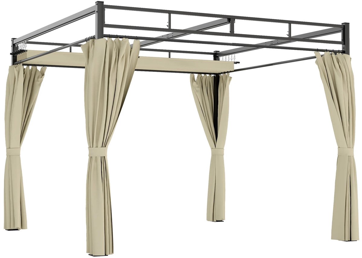 ITRONIQ Pergola 3x3 Meter Met Uitschuifbaar Dak en Gordijnen - Vrijstaande Terrasoverkapping Voor Tuin en Terras - Beige