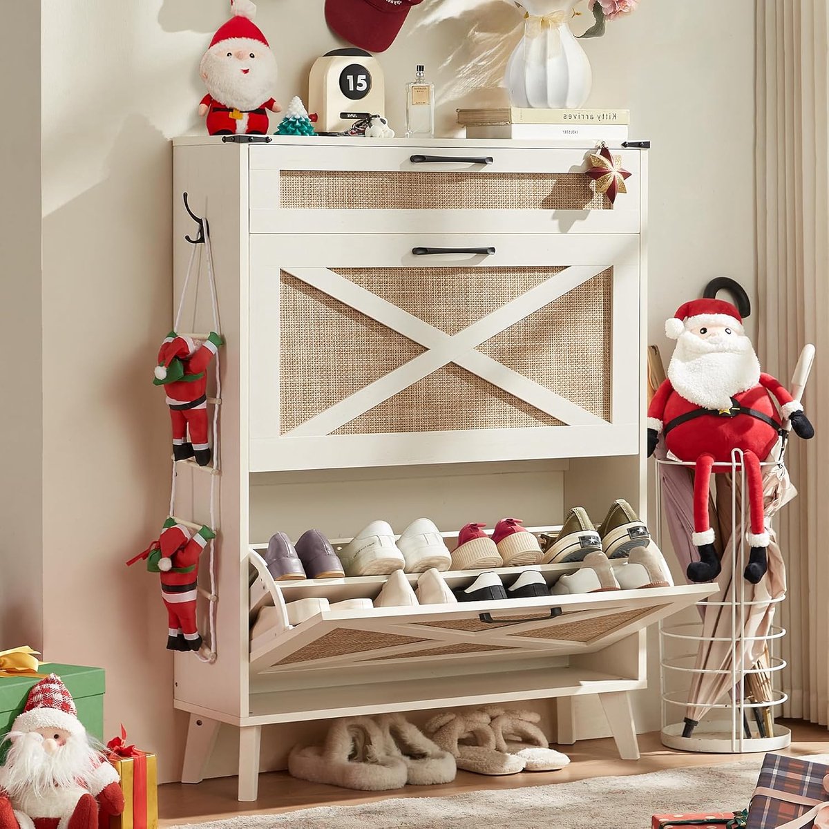 Schoenenkast smal - House&Garden Boho Rotan Schoenenkast met 2 Klaplades - Vrijstaande Hal Opbergkast voor 16-20 Paar Schoenen - Off White / Wit - 109x18,7x56,5 cm - Entree Organizer met Kantelbeveiliging
