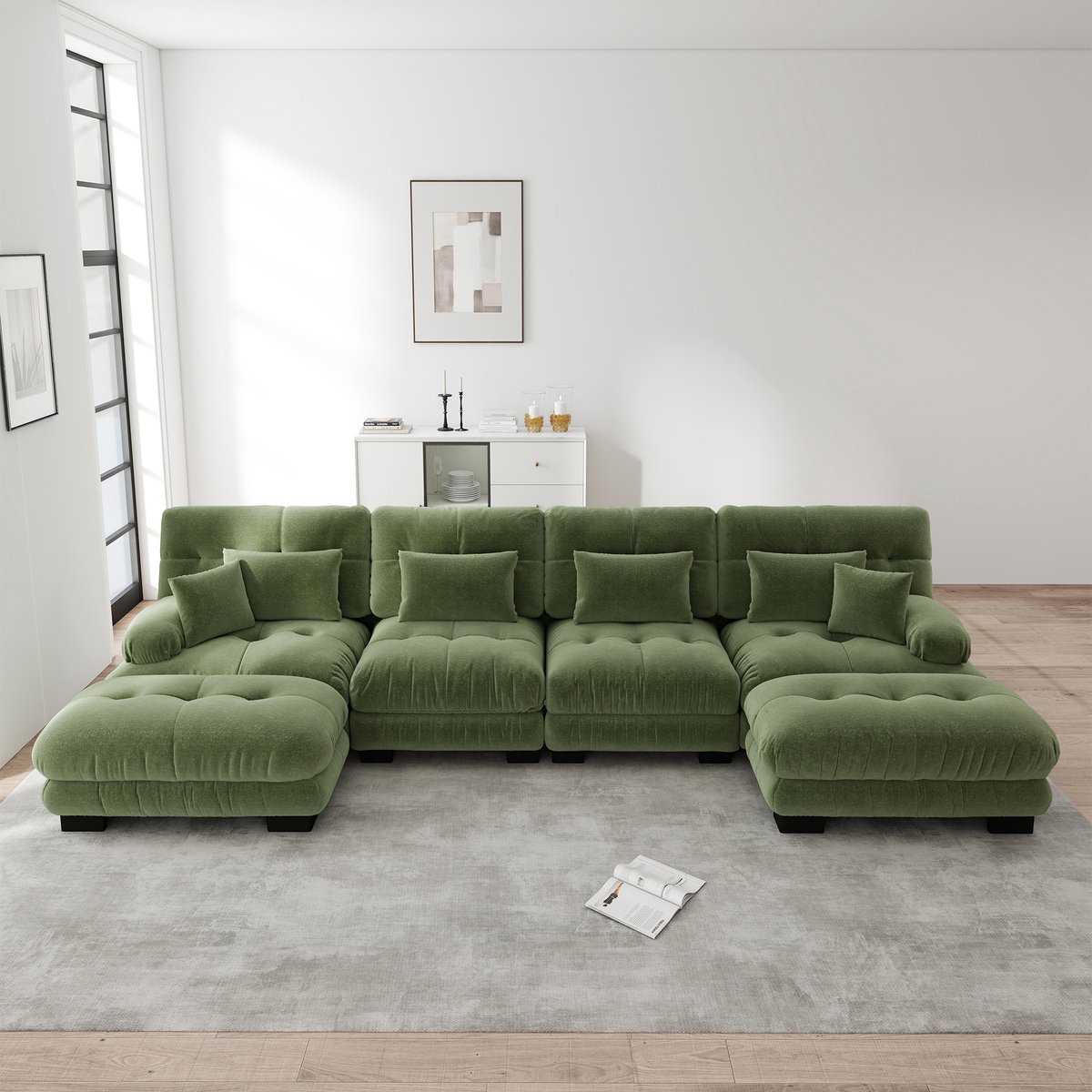 Merax Modulaire hoekbank - U-vormige woonkamerbank - 4-zitsbank - met hocker - met lendenkussen en sierkussen - groen