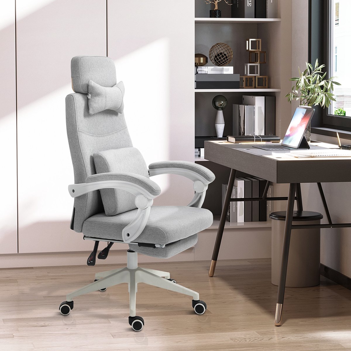HAUSS SPOLE Bureaustoel Met Wieltjes - Ergonomisch Met Voetsteun En Verstelbare Rugleuning - Voor Werk En Ontspanning - Polyester - Grijs