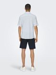 Man die een lichtblauw kortgerokt overhemd draagt, met zwarte shorts.
