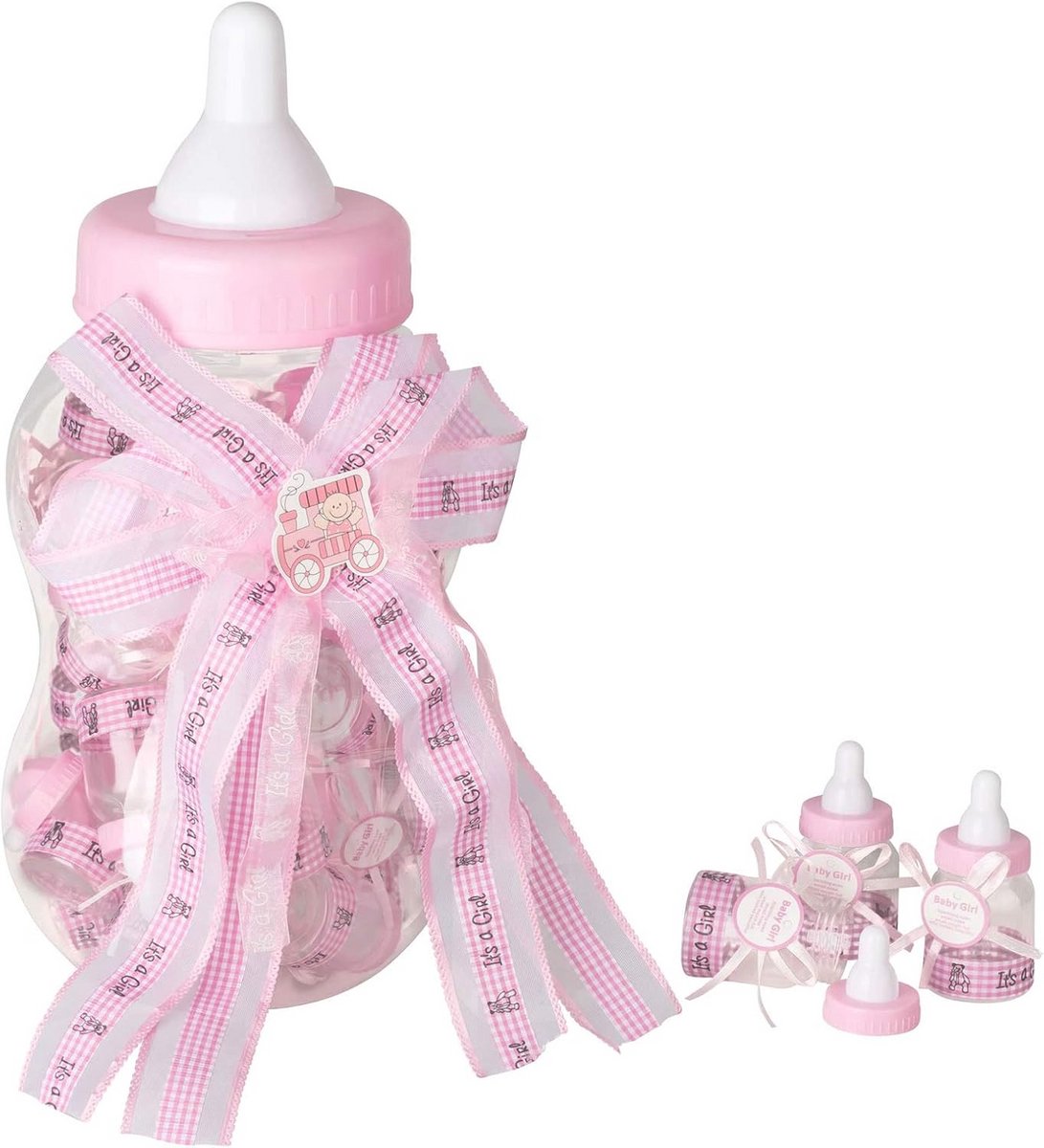 Babyparty Gastgeschenken - Spaarpot Flesjes - Feestelijke Herinneringen - Set met Flesjes - 18-20 x 37-40 cm - Roze