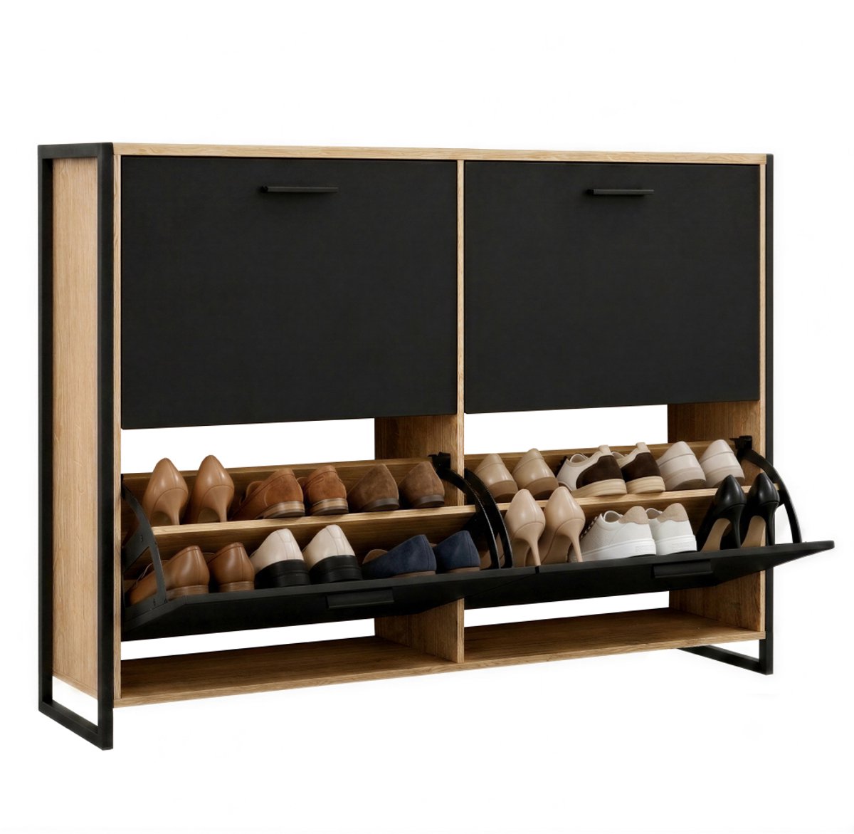 CASABEL Schoenenkast met 4 neerklapbare deuren - Design schoenenkast - Opbergmeubel voor de hal met ruimte voor 24 paar schoenen - Zwart frame - Houten neerklapbare deuren