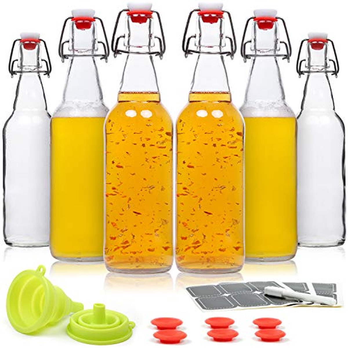 Glazen Flessen Set - Brouwen Flessen - Dranken Bewaren - Luchtdichte Sluiting - 6 Stuks 16oz - Transparant