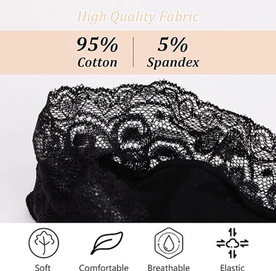 Zwarte kanten sok met een elastische band en informatie over materiaal: 95% katoen, 5% spandex.