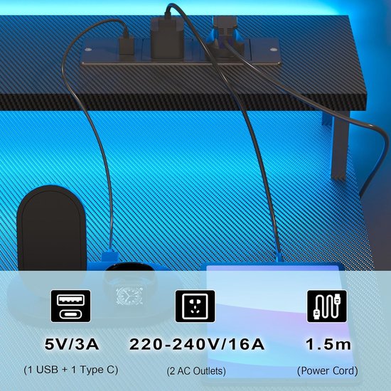 Ergonomisch Gaming Bureau met LED en Stopcontacten - 120x50cm van Merkloos — afbeelding 3