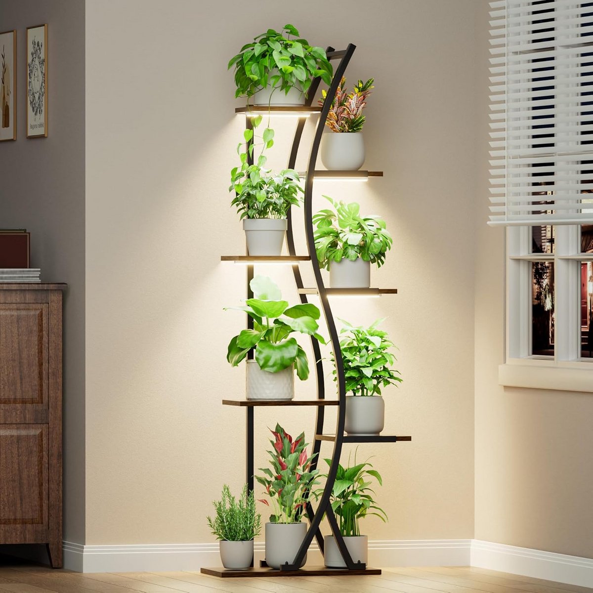 Plantenstandaard Met Groeilamp - Bloemenrek Metaal - Binnen Planten Verzorgen - 7 Tier Ontwerp - 62 Inch Hoog - Zwart