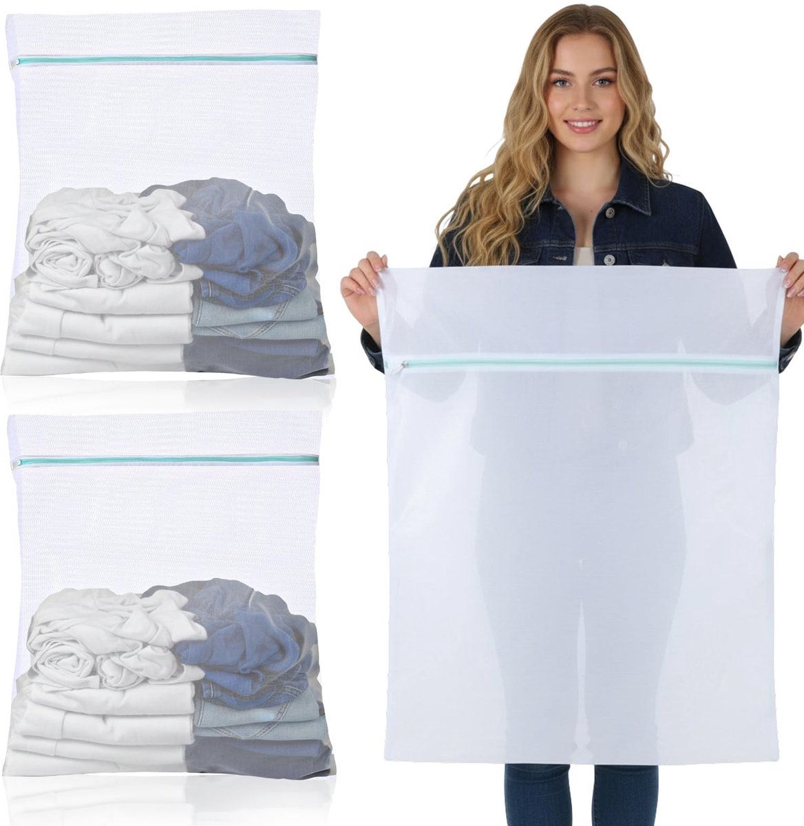 Dailygoods- Waszak Groot 60 x 80 cm - Waszakken voor Wasgoed - Wasnetten met Ritssluiting - Witte Waszakken - Set van 2 Stuks - Polyester Materiaal - Wasnet