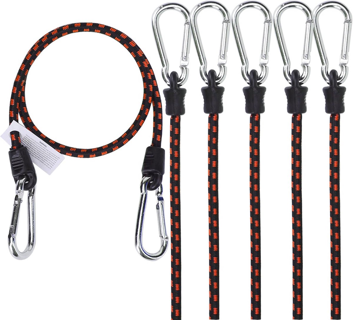 Bungee Koorden - Elastische Spanners - Vastzetten van lading - Met Karabijn Haken - 6 Stuks 61cm - Rood en Zwart