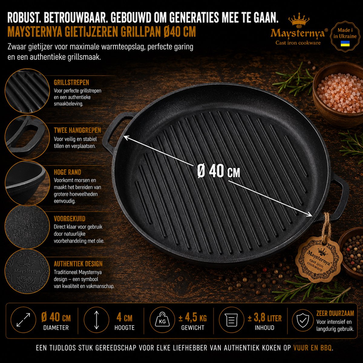 MAYSTERNYA MAYSTERNYA Gietijzeren Grillpan Ø40 cm - afbeelding 2