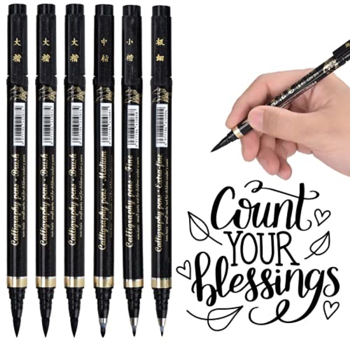 PromoHome 6 Kalligrafiestiften - Sneldrogende Viltstiften met 4 Maten - Zwart - voor Handlettering, Bullet Journal en Kalligrafie - Beginners en Gevorderden - Penseelstiften en Fijne Pennen