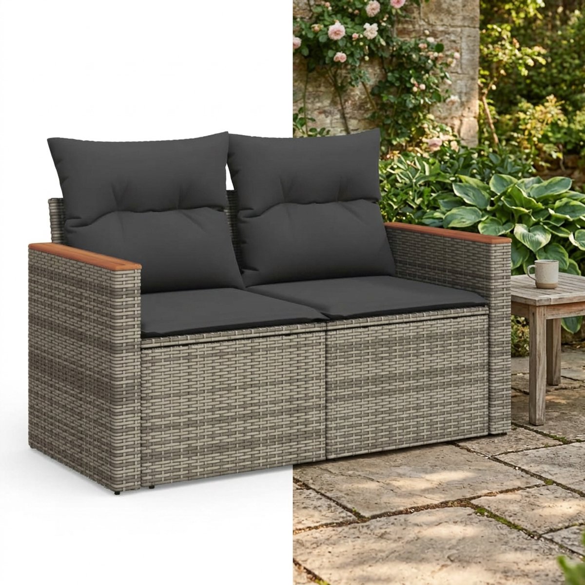 Tuinbank met opbergruimte - Lounge Bank - Buitenbank - Tuinset - Houten Bank - Modulair Bankstel - Balkon Set - Poly rattan - Grijs