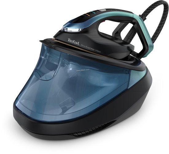 Tefal Pro Express Vision stoomgenerator met turquoise tank en zwart strijkijzer.