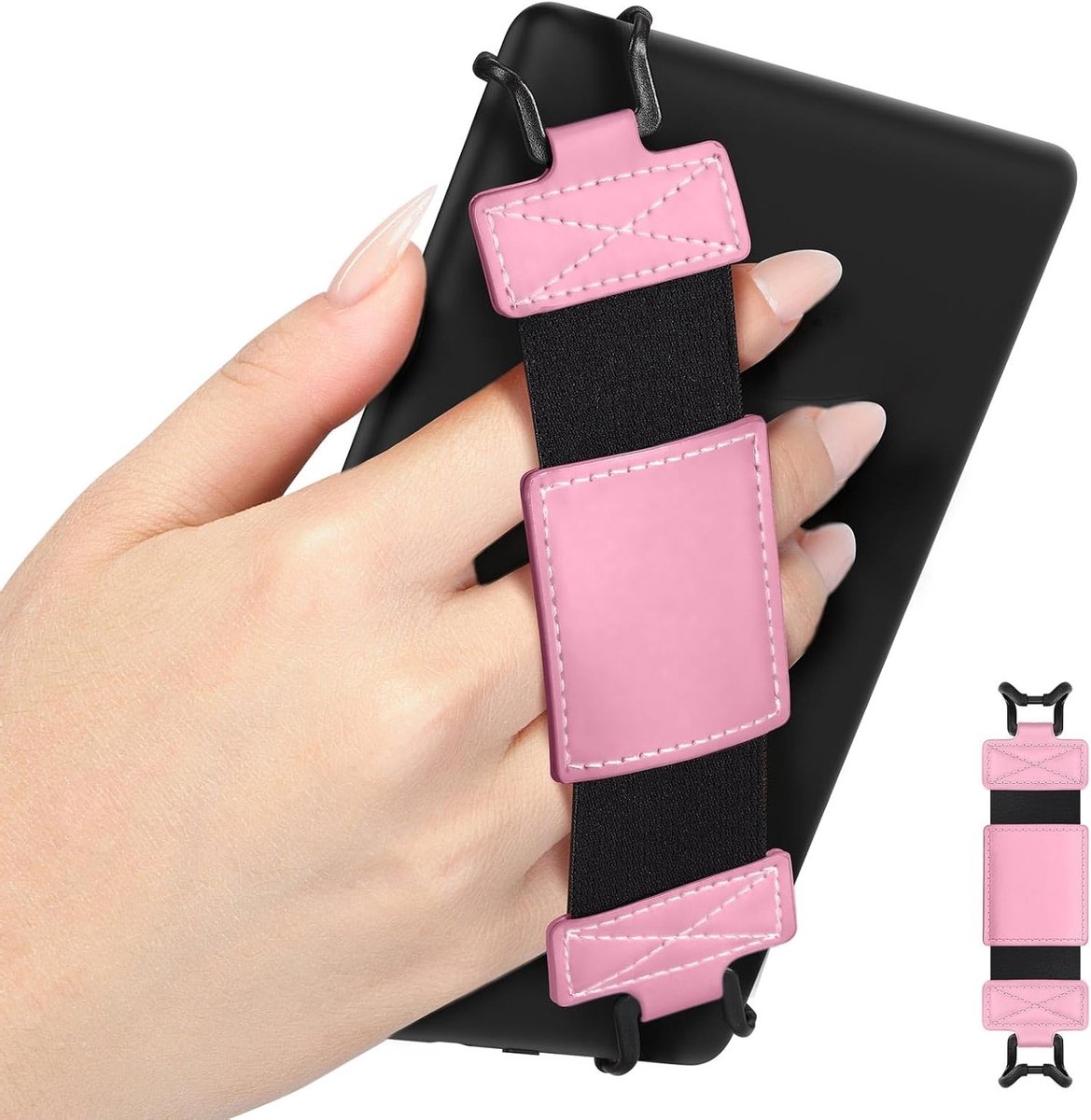 Zachte Handband voor 6-8 Inch E-Readers en Tablets - Verstelbare Polsband, Lichtgewicht Grip en Comfortabele Houder, Zwart/Pink