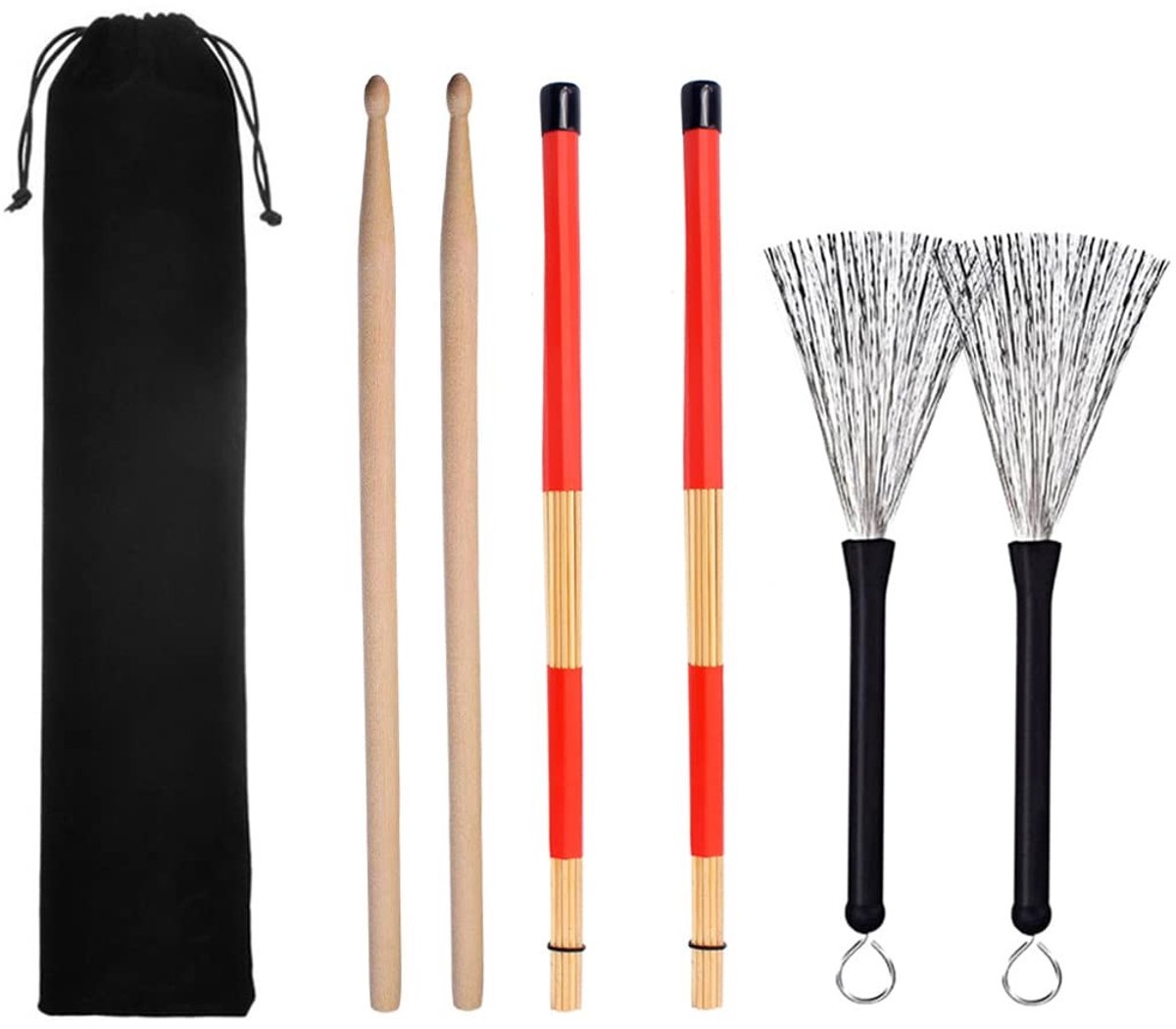 Dailygoods- Drumsticks Set 1 Paar 5A Houten - Drumstick Houder - Intrekbare Trommeldraadborstels - Antislip Grip - Draagbare Opbergtas - Voor Jazz en Acoustic Music