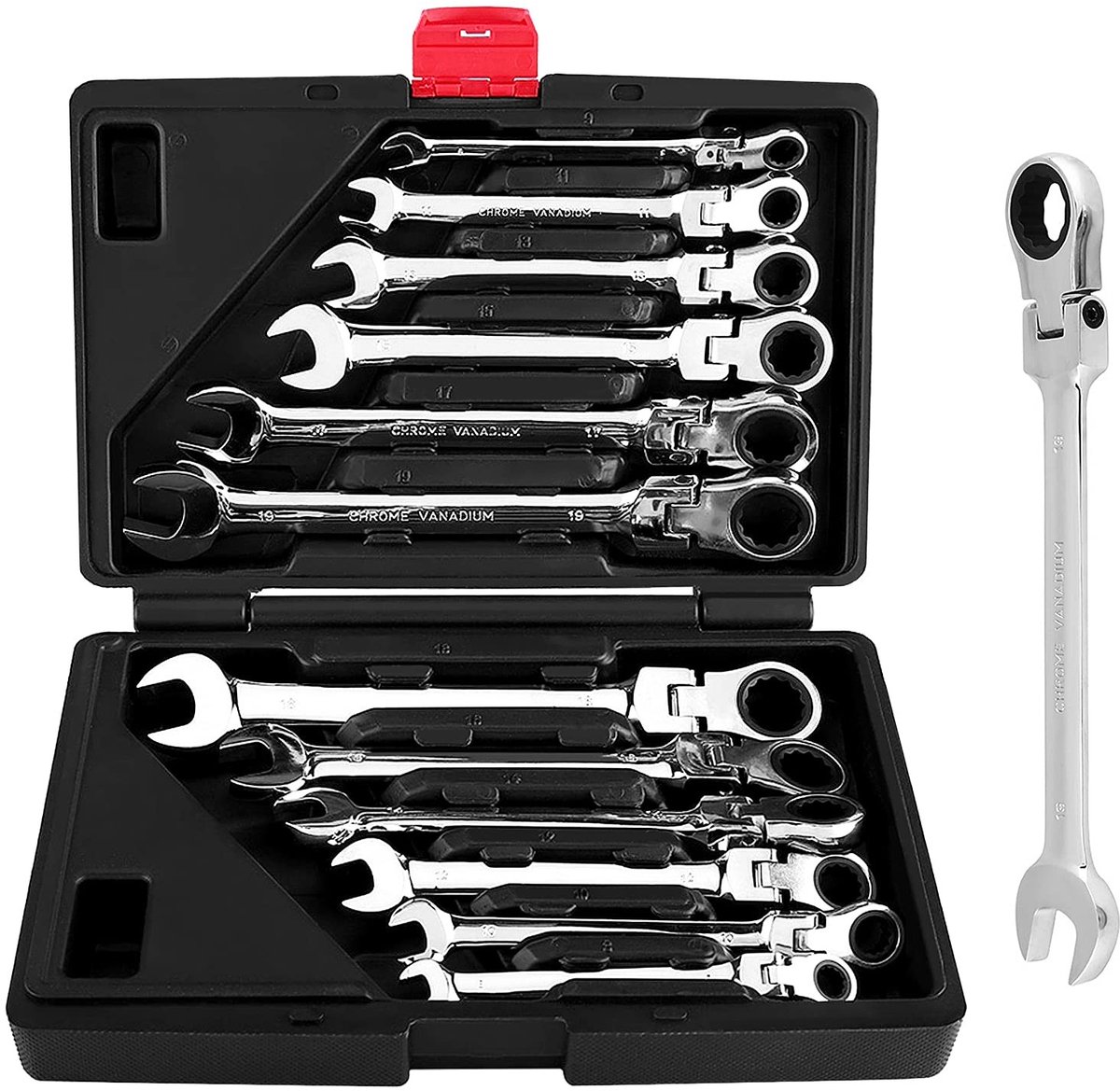 Dailygoods- Ratelsleutel 12-delig - Flexibele Kop - Steeksleutel - Ringsteeksleutel - Gereedschapskoffer - 72 Tandkwaliteit - Moersleutel