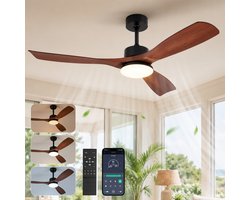 Rosnek Plafondventilator met Lamp – Ø132 cm – Houtlook Bladen – LED Plafondlamp Dimbaar – Afstandsbediening & App – 6 Snelheden – Stille DC Motor – Woonkamer Ventilator