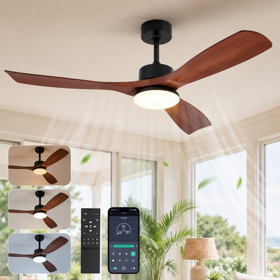 Ventilateur de plafond avec 3 pales en bois, lampe LED ronde dimmable, télécommande et application smartphone.