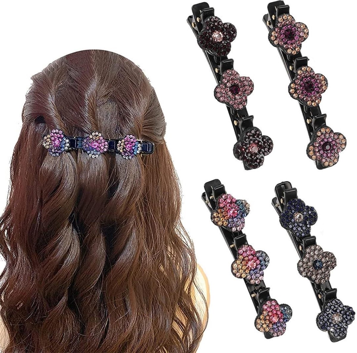 Dailygoods- Haarspeld Dubbellaags Ontwerp - Haarclip voor Dames - Haaraccessoires - Bloem Haarspeld - Gevlochten Haarclips - Fonkelende Strass-steentjes