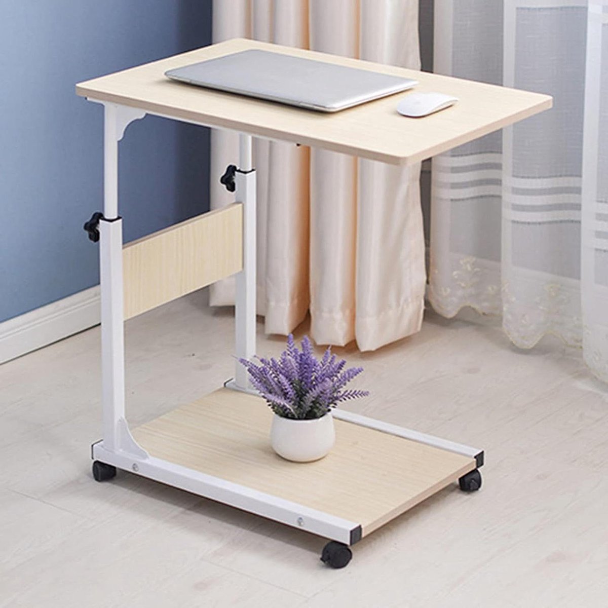 Side Table with Wheels, Coffee Table, Bed Table, Laptop Table, Night Table, Coffee Table, Laptop Table in C Shape for Living Room, Bedroom (White)