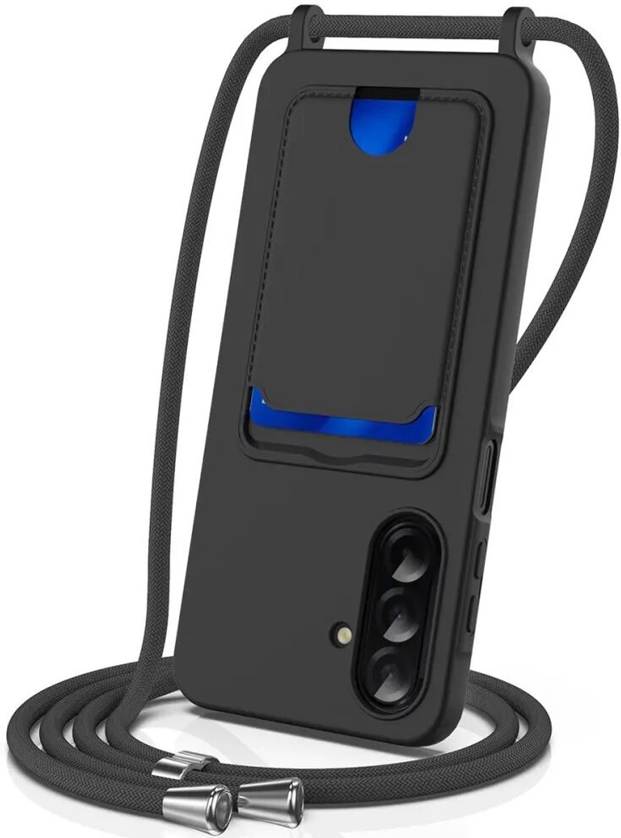 Hoesje met Koord en Pasjeshouder Geschikt voor Samsung Galaxy S25 FE | Back Cover met Crossbody Koord en Kaarthouder | Ideaal voor Festival/Vakantie | Siliconen | Zwart