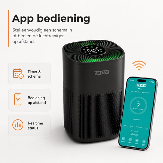 Zwarte luchtreiniger met groen verlicht display en bijbehorende smartphone app met realtime status.