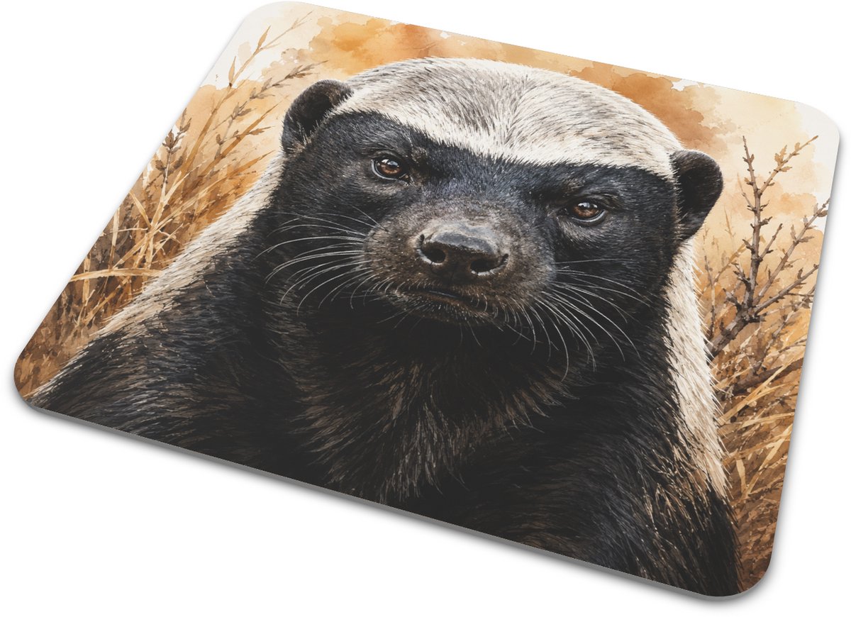 Muismat honingdas in aquarel – stoere wildlife illustratie met zwart-zilveren vacht, felle blik en droge savanne sfeer voor bureau of werkplek