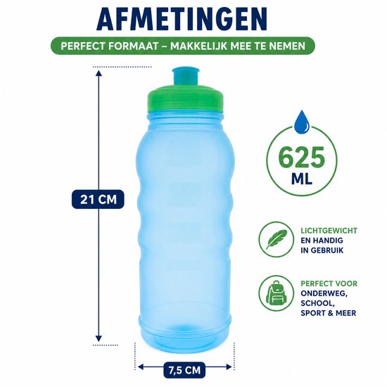 Benza Drinkflessen Set van 3 – 625 ml – Bidons / Sportbidons – Herbruikbare Waterflessen – blauw, groen & donkerblauw – Voor School, Sport, Fitness & Onderweg — afbeelding 3