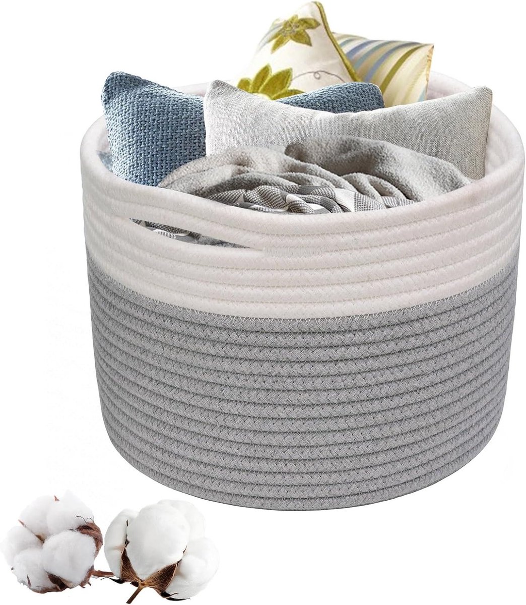 Woven Wasmand van Katoen met Handvatten, Stapelbare Opbergmand voor Kleding, Speelgoed en Huishoudelijke Spullen (Grijs & Wit)