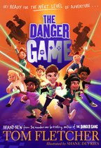 Boekomslag van 'The Danger Game' door Tom Fletcher. Acht kinderen met felle kleuren in avontuurlijke pose, omringd door lichtstralen en pixelachtige figuren. Tekst: 'GET READY FOR THE NEXT LEVEL OF ADVENTURE', 'THE DANGER GAME'.