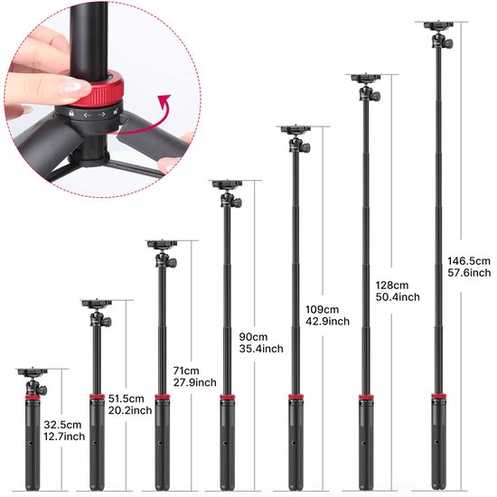 Een illustratie die de verschillende lengtes toont van een zwart statief met rode accenten, van 32,5cm tot 146,5cm.
