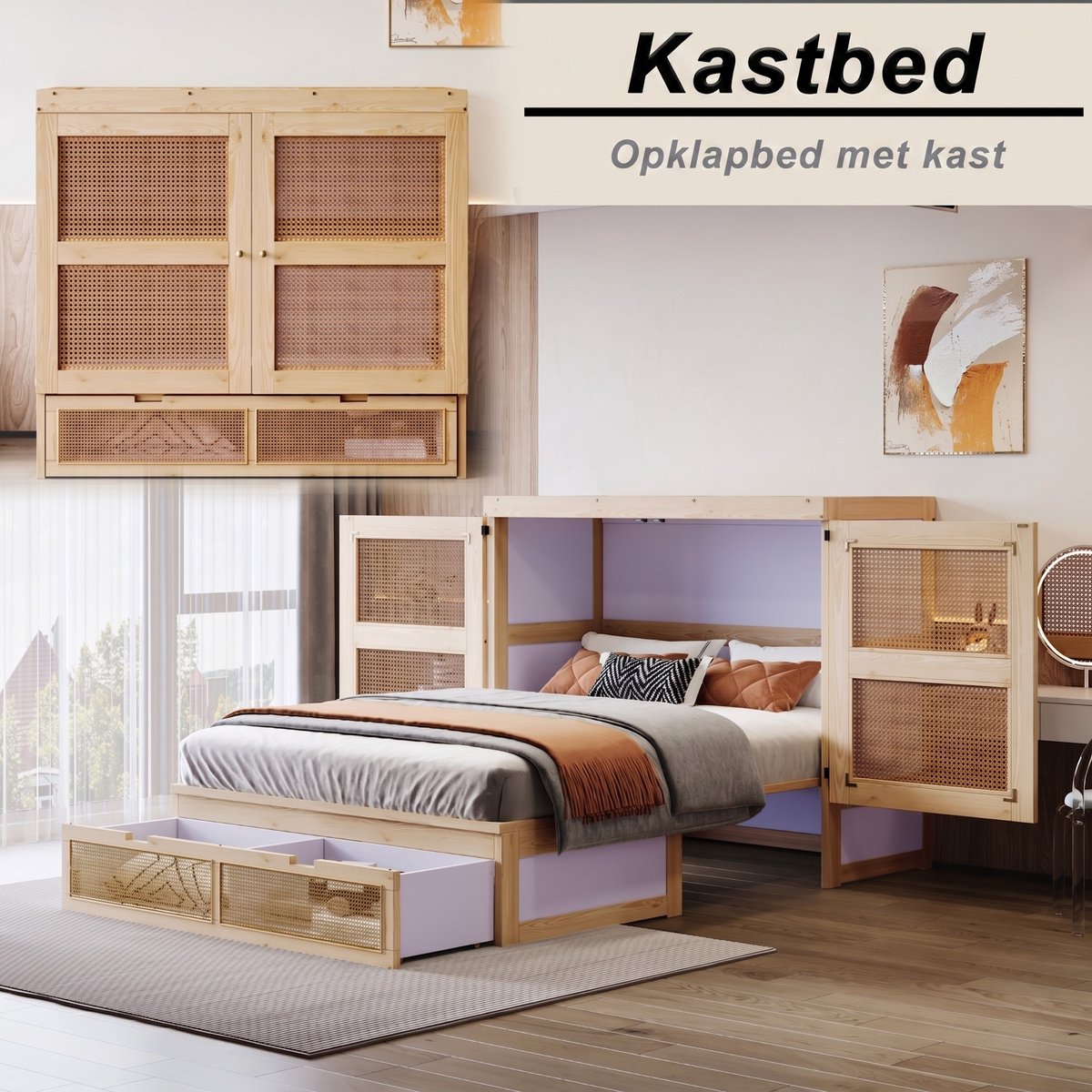 VVBV Opklapbed 140x200 – Wandbed – met Lattenbodem en Opbergruimte – Ruimtebesparend – Hout – Natuurlijk Hout – Rattan Front – Lades Natural Wood