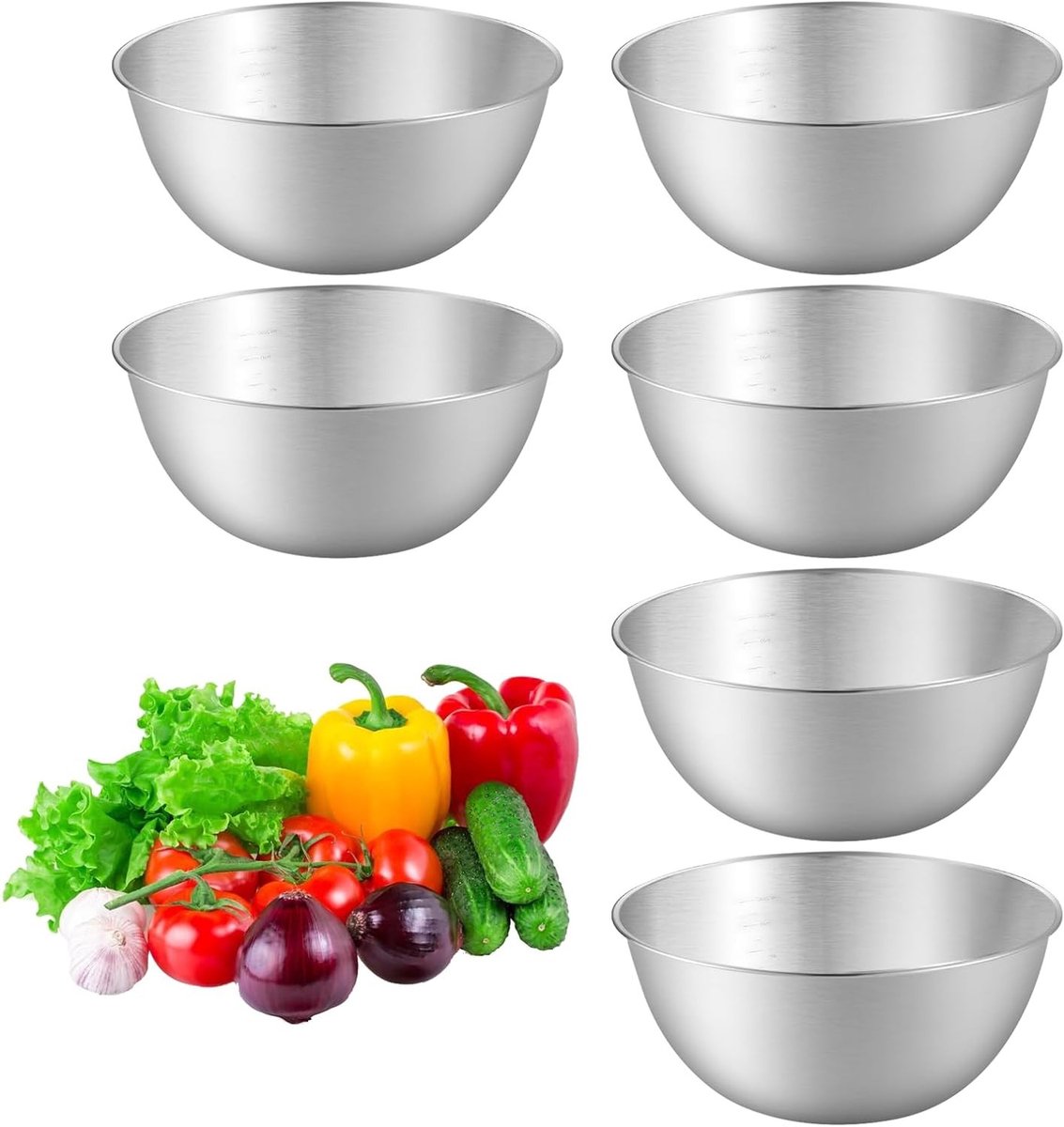 Set van 6 Roestvrijstalen Mengkommen 1.2 L - Ideaal voor Salades, Snacks en Cereal met Maatmarkeringen, Vaatwasserbestendig en Stapelbaar