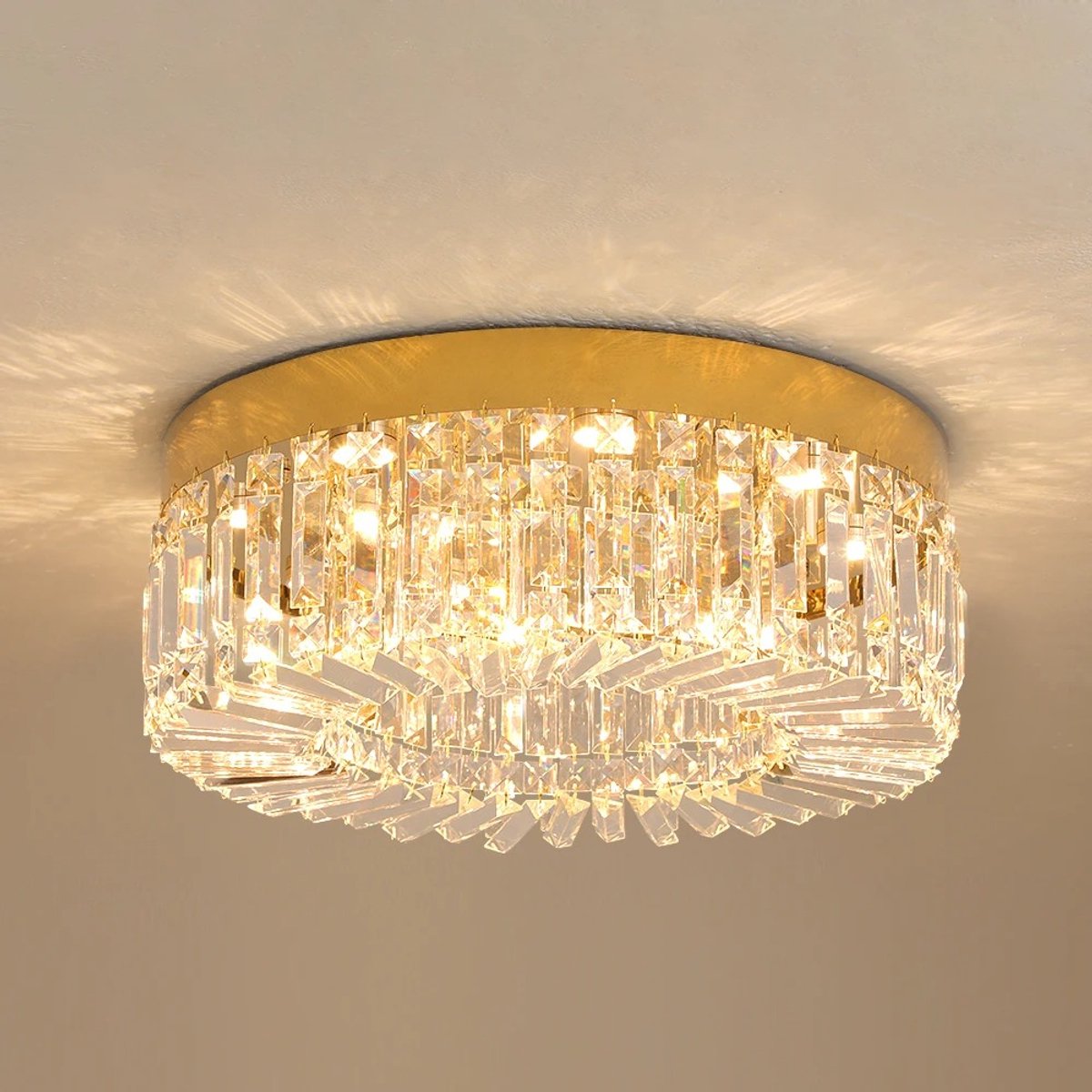 QUESTYR Luxe Kristallen Plafondlamp – Gold – 40 cm – 3‑Ring LED Kroonluchter – 3‑Kleur Schakelbaar – Modern Design