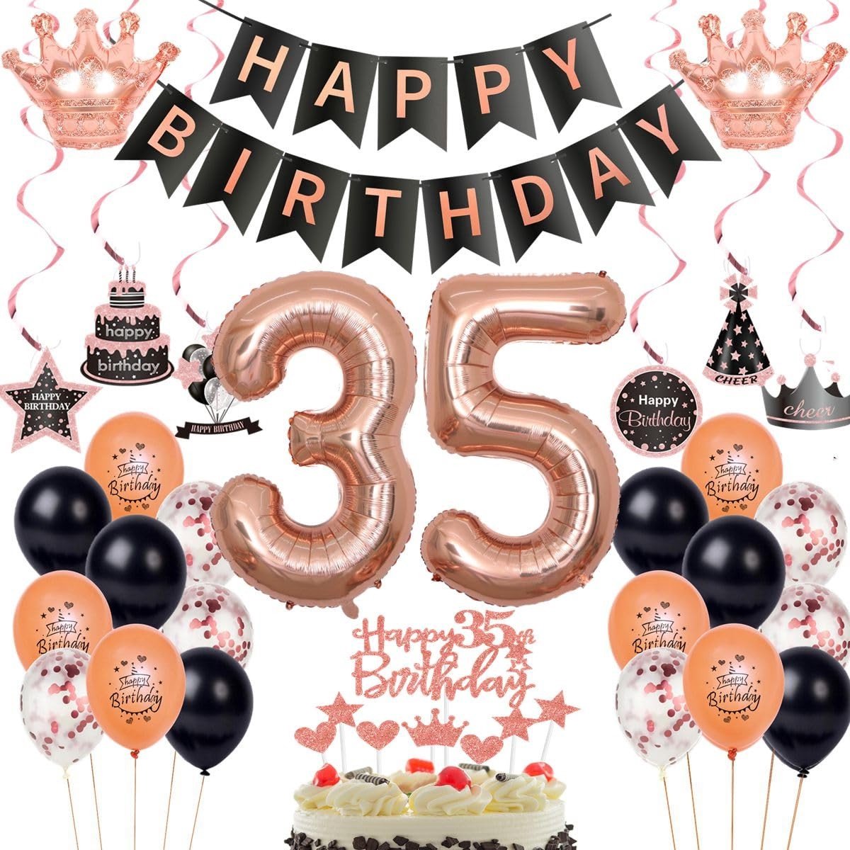 Allecto - Decoratie 35 jaar verjaardag - Ballonnen 35 jaar dames - Feestelijke set - Roségoud zwart - Verjaardagsversiering - Geschikt voor vrouwen...