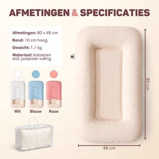 Afmetingen babynestje: 80x48cm, rand 10cm hoog. Toont crèmekleurig nestje met drie hoezen (wit, blauw, roze) en draagtas.