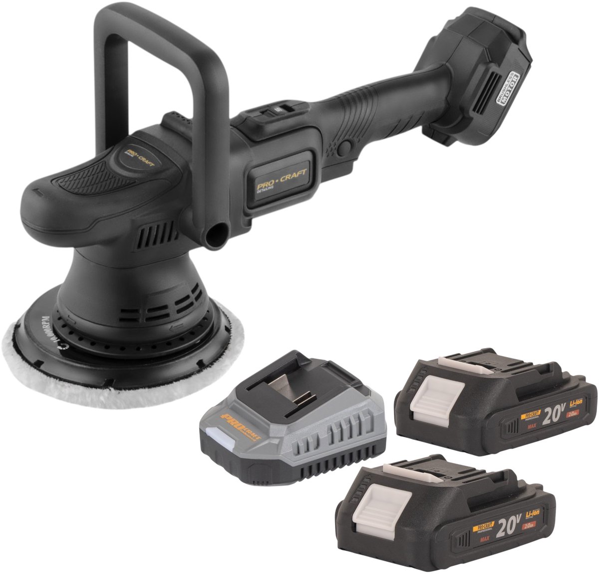 Procraft PM22bb accupolijstmachine 20 volt 150 mm + 2x accu 2,0 Ah + oplader
