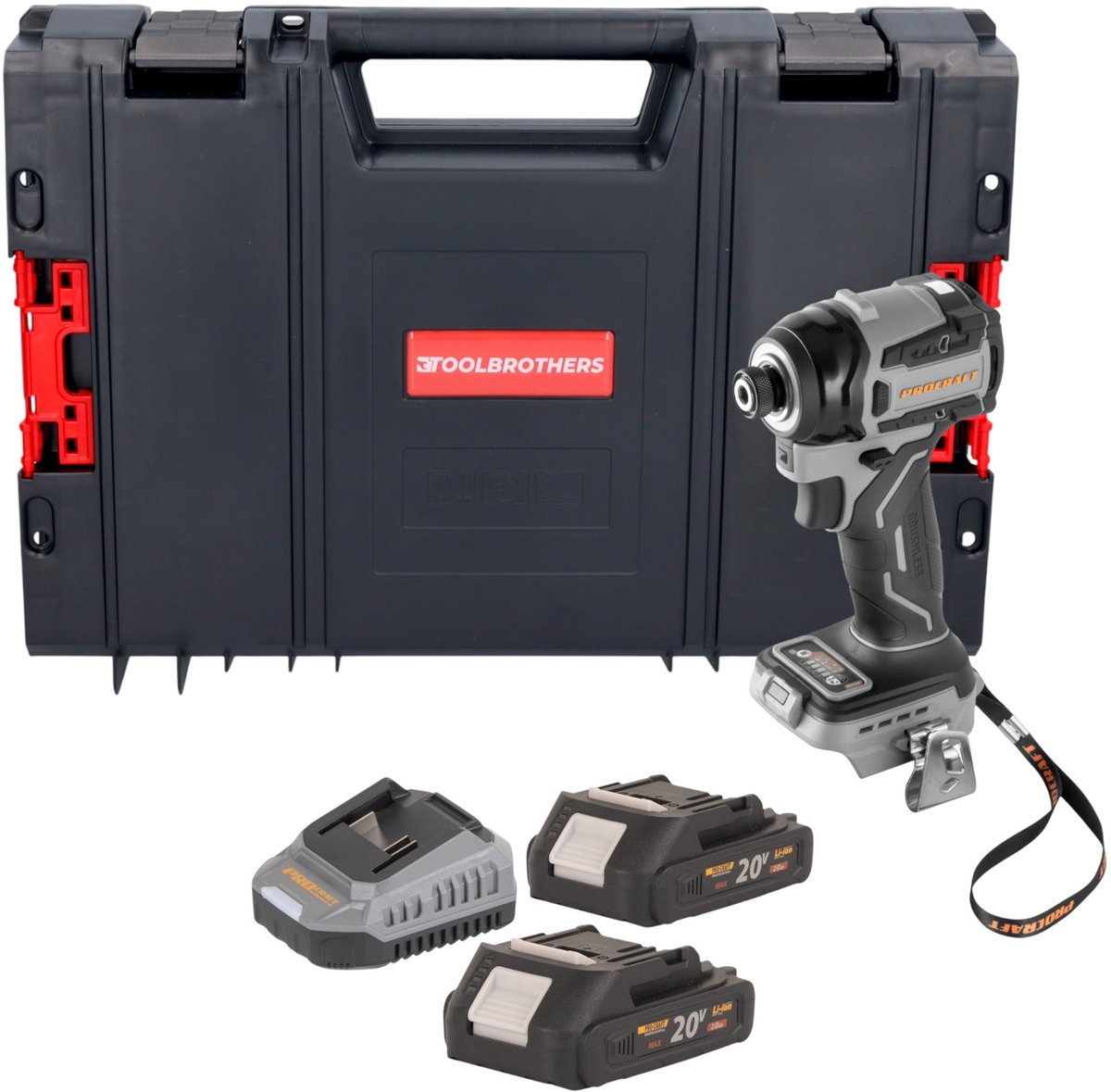 Procraft Industrial ID20Abb accu-slagmoersleutel 20 V 180 Nm 1/4" + 2x accu 2,0 Ah + oplader + RHINO gereedschapskoffer
