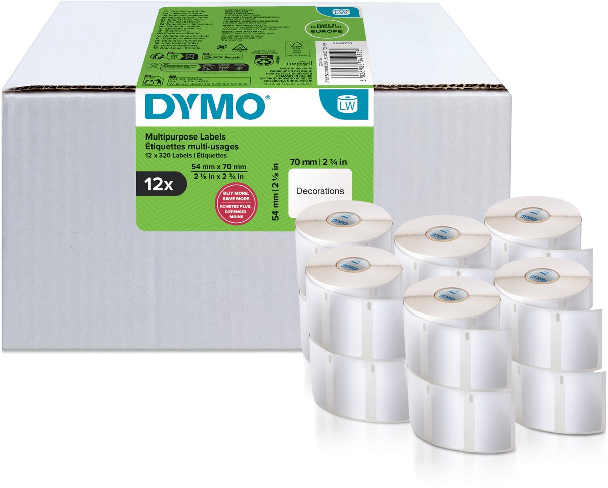 DYMO originele multifunctionele LabelWriter labels | 54 mm x 70 mm | 12 met elk 320 labels (3.840 zelfklevende etiketten) | voor de LabelWriter labelprinters | gemaakt in Europa