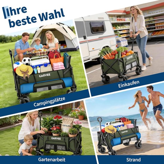 Heavy-Duty Opvouwbare Bolderkar Zwart - Draagkracht 215 kg / 280 Liter - Bolderwagen met All-Terrain Wielen, Remmen & Bagagespin - Strandkar & Kamperen - Groen — afbeelding 4