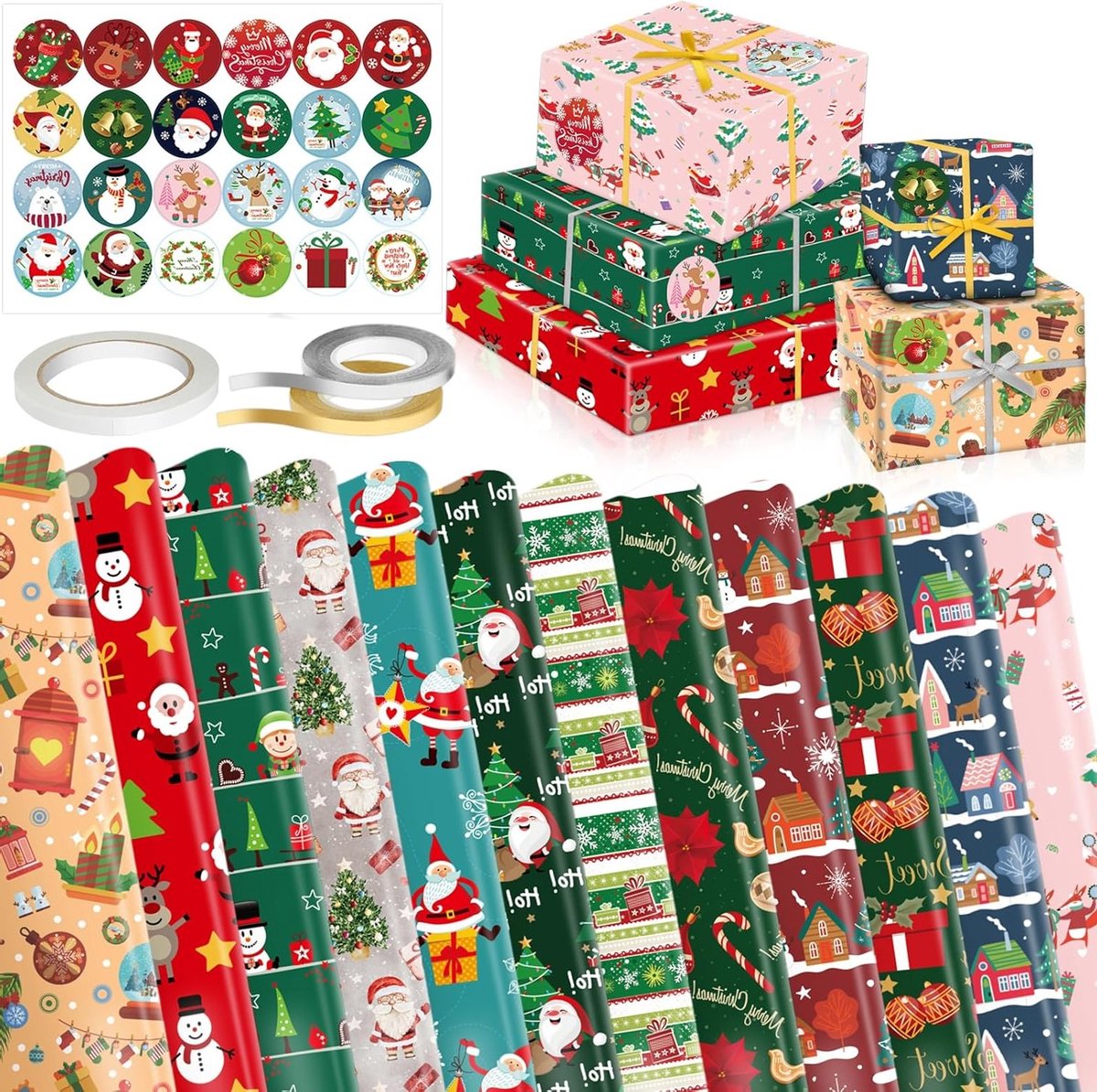 Kerstcadeau inpakken met 12 vellen vintage cadeaupapier en 24 kerststickers voor kinderen en gezinnen
