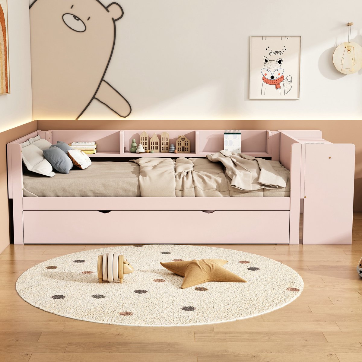 VVBV Eenpersoonsbed 90x200 cm met Planken, Uitschuifbed - Bureau - Roze