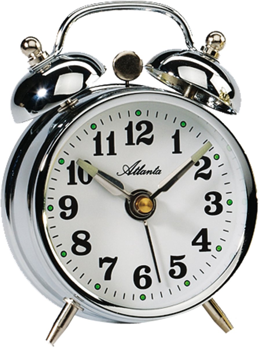 Atlanta 1068/19 zilver Mechanische dubbele bel wekker met lichtgevende wijzers