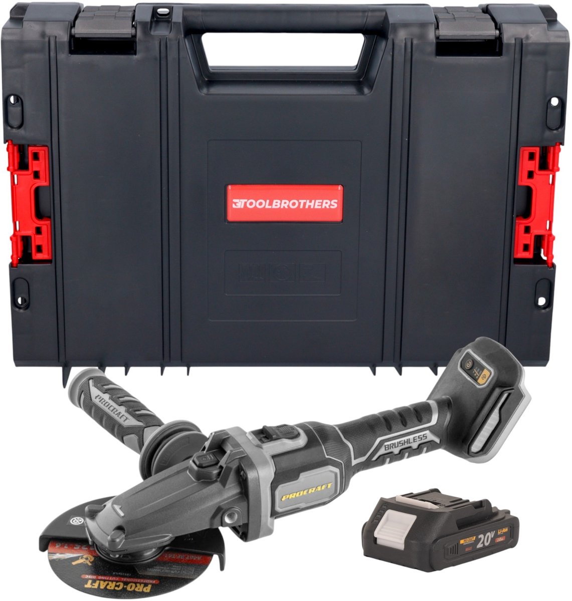 Procraft Industrial AG125Cbb accu vlakke hoekslijper 20 V 125 mm borstelloos + 1x accu 2,0 Ah + RHINO gereedschapskoffer - zonder oplader