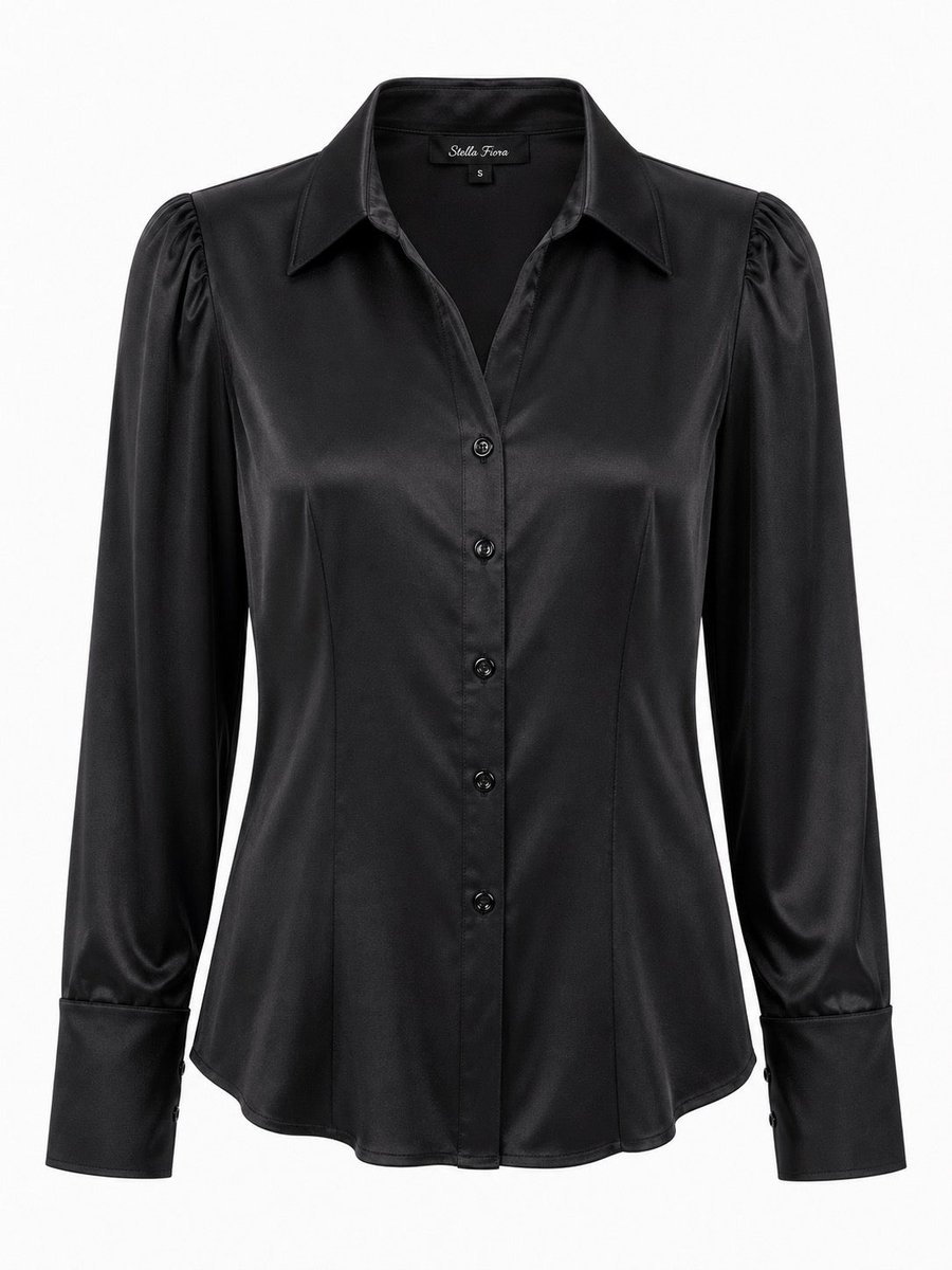 Stella Fiora Blouse - Zwart Satijnlook - Pofmouw - Damesblouse - Maat M